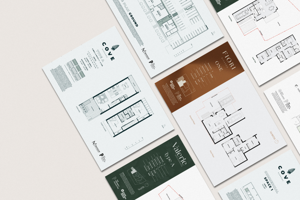 Floor plans for Cove, Valerie and Fiori developments professionally designed by one x.