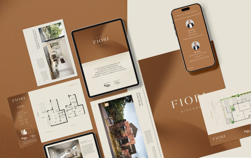 An image showing a variety of Fiori Dickson development branded collateral designed by one x.