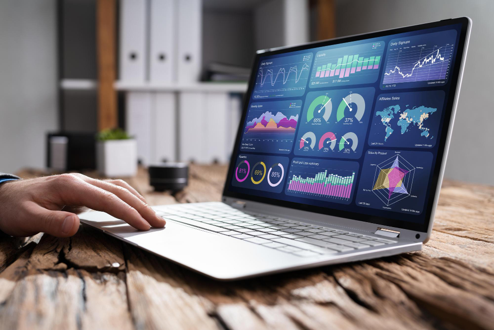 Laptop screen showing data sets in a variety of different graphs and diagrams.