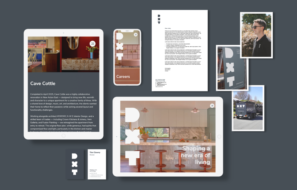 Image of DXT branded collateral including business card, website, letterhead and photos which include images of merchandise and signage.