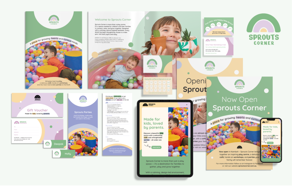 Image of Sprouts Corner branded collateral including posters, business cards, website, flyers and vouchers.