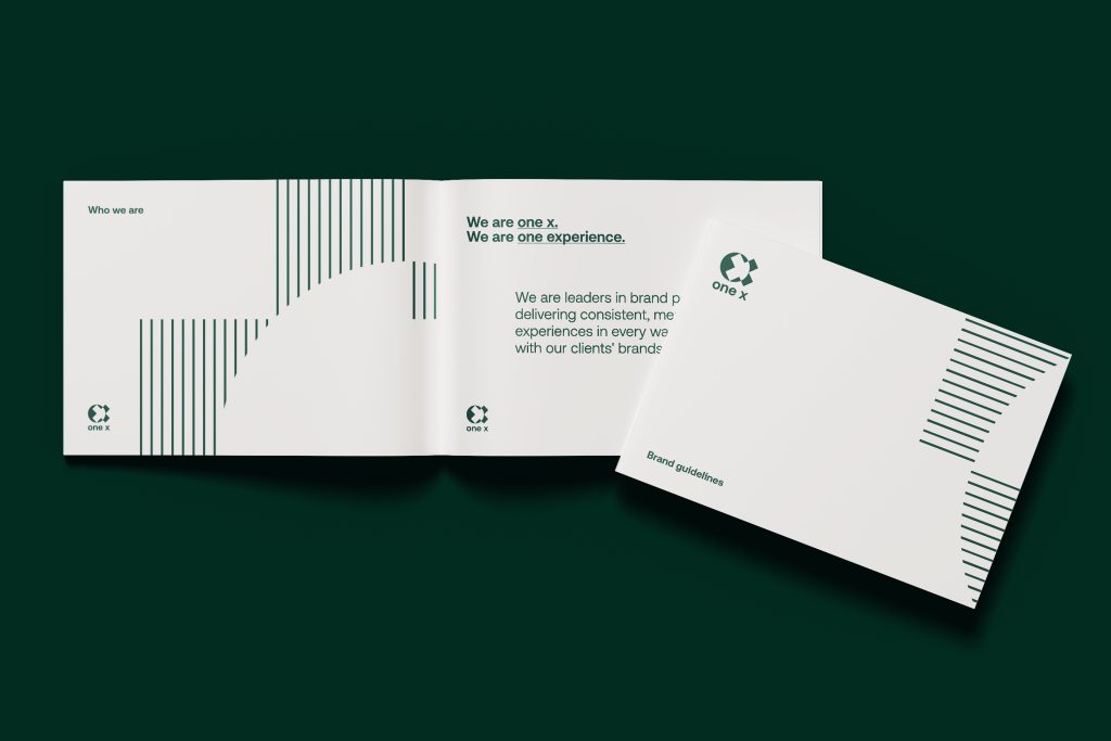 one x Brand Guidelines showing front cover and internal spread