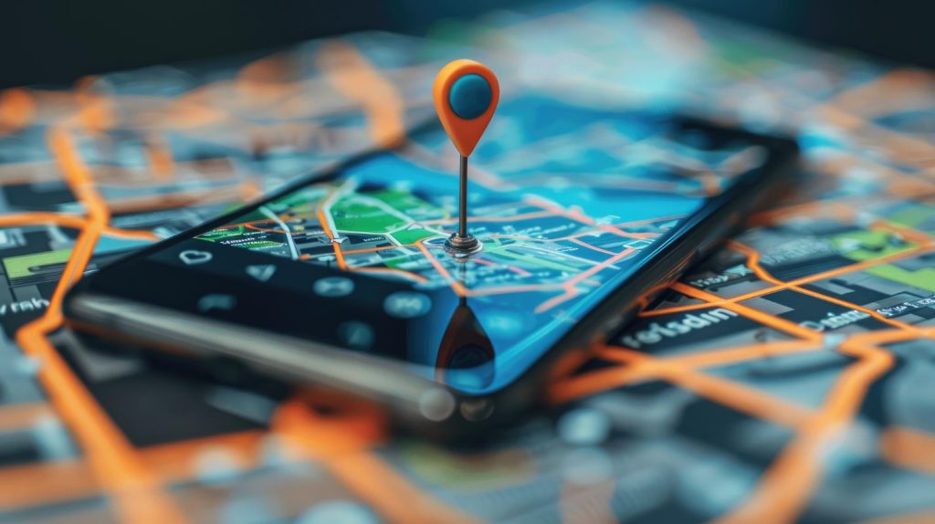 Image of a mobile phone on a map with a location pin representing geofencing